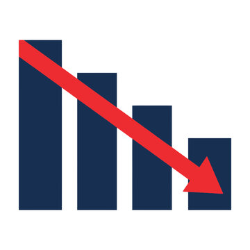 Red arrow pointing down on blue bar chart