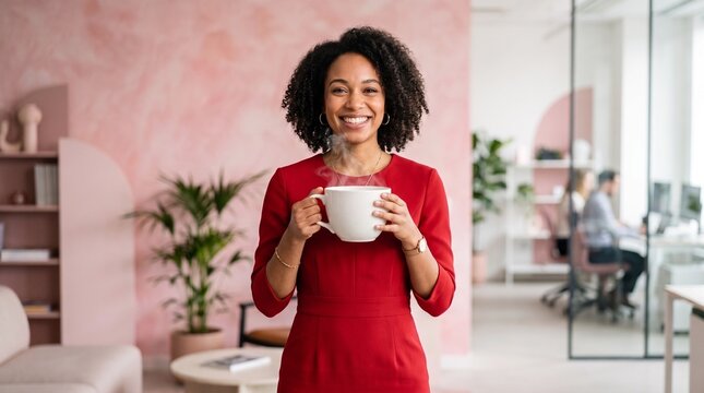 Smiling young businesswoman holding a steaming mug in a modern office with a pink wall.