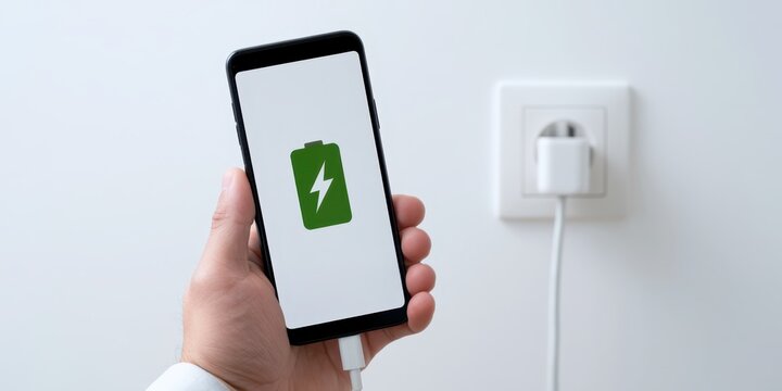 Close-up Person hand showing a modern smartphone plugged into a white wall outlet socket. Bright screen displays a green battery icon logo with a lightning bolt symbol indicating fast charging process