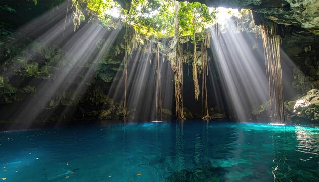 Sunlight beams illuminate turquoise blue waters in a lush jungle cenote cave, a breathtaking natural wonder.