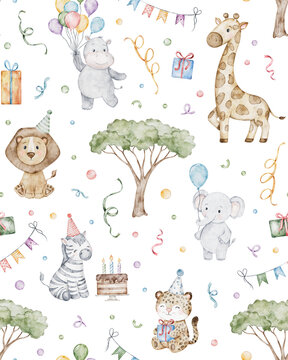 Watercolor seamless pattern with cute african animals on birthday. Safari giraffe, lion, zebra, elephant, hippo with party hat, cake and gifts. Hand drawn print for party invitations and wrapping
