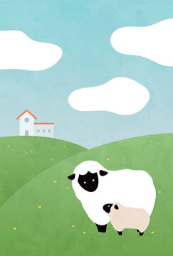 牧場の丘でくつろぐ羊の親子のイラスト　ひつじ　青空　自然　背景　さわやか　かわいい　水彩風　はがき