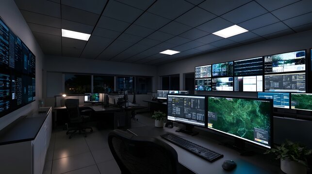 Control room with multiple monitors displaying surveillance and mapping data in a dimly lit environment