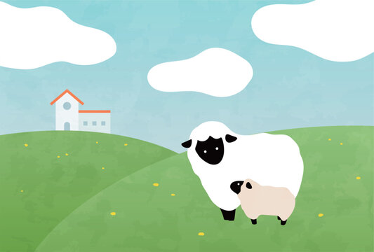 牧場の丘でくつろぐ羊の親子のイラスト　ひつじ　青空　自然　背景　さわやか　かわいい　水彩風　はがき