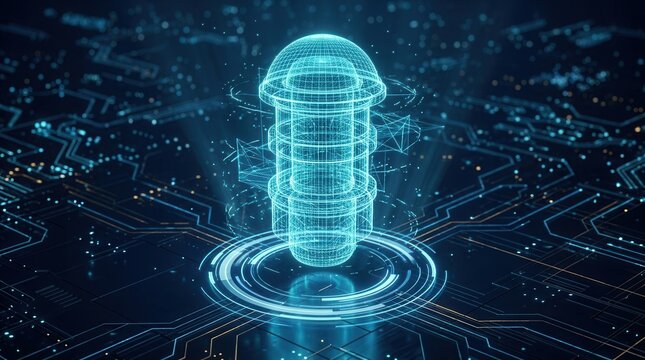 Quantum computing processor 3D hologram featuring digital data circuits for AI and tech innovation.