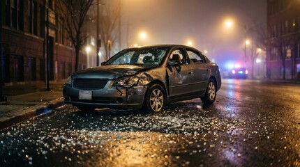 Fototapeta premium Severe car accident with damaged vehicle on a city street at night