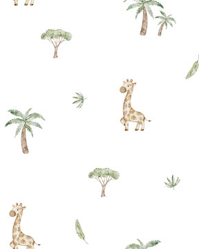 Watercolor seamless pattern with cute African animal. Safari giraffe, acacia tree and palm leaves. Hand drawn kids fabric and textile, children design.