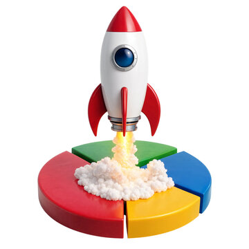 Cartoon rocket ship launching from a colorful 3d pie chart representing business growth and startup success transparent background