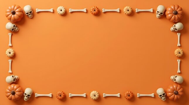 A festive halloween border design featuring dog treats and bones arranged on a vibrant bright orange backdrop