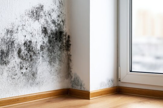 Black mould and fungus on wall near window. The problem of ventilation, dampness, cold in the apartment. Mold spots in the corner of white walls. Spores thrive on moisture quickly grow into colonies