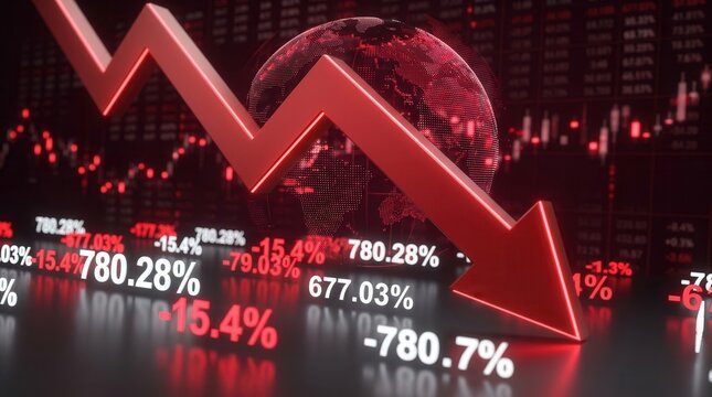 3D rendering of a financial crisis with a red arrow falling over a digital globe.