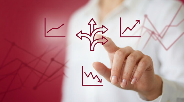 Business Woman Choosing Strategic Path and Analyzing Data Trends with Interactive Digital Interface for Corporate Success and Growth Planning