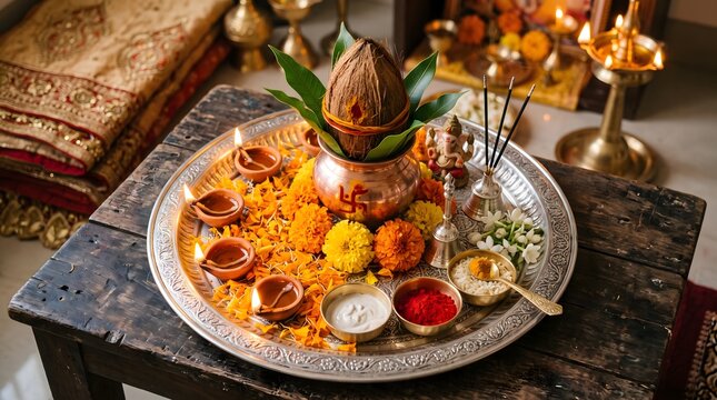 Diwali puja thali with coconut flowers and diyas for a traditional indian festival