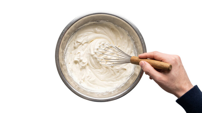 Whisking white cake batter in metal bowl, hand mixing creamy dough with wire whisk, overhead view of baking preparation isolated PNG with Transparent Background