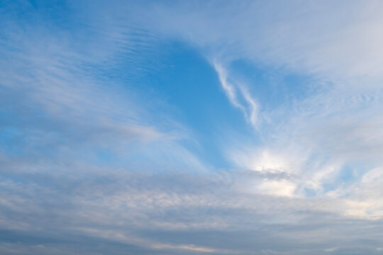 Blue sky with white cumulus and cirrus clouds abstract background