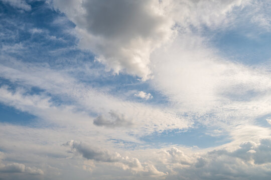 Beautiful scenic view of blue sky with white cumulus and cirrus clouds at daytime