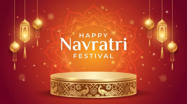Happy Navratri Festival Red Background Gold Mandala Festive Stage