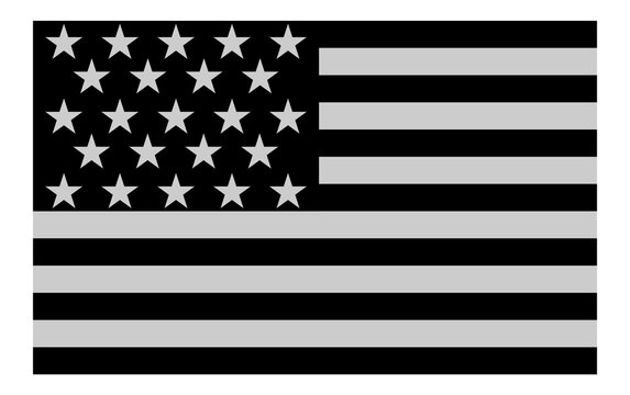 United States American flag in black and gray monochrome design with stars and horizontal stripes, flat vector illustration isolated on white background for patriotism, national symbols and graphic de