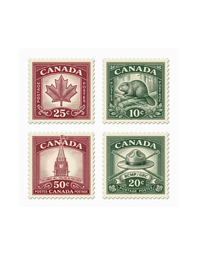 Set of vintage Canadian postage stamps with maple leaf beaver parliament hill peace tower and RCMP mountie hat vector illustrations.