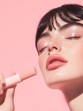 Close-up of a woman's face with glossy lips and a makeup stick