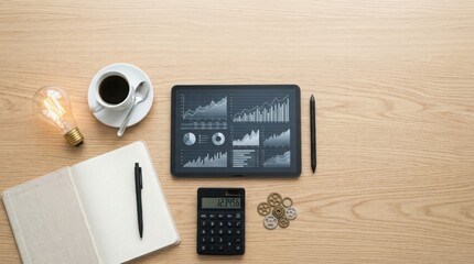 Naklejka premium Business finance analysis desk setup with tablet, calculator, and coffee