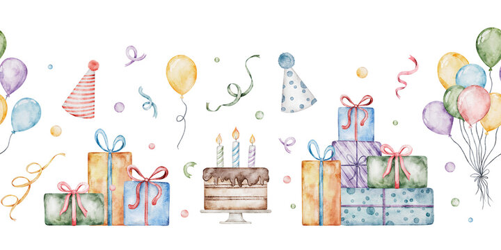Festive watercolor birthday pattern, vibrant celebration border with gifts, balloons, cakes, and confetti, perfect for party invitations and wrapping paper.