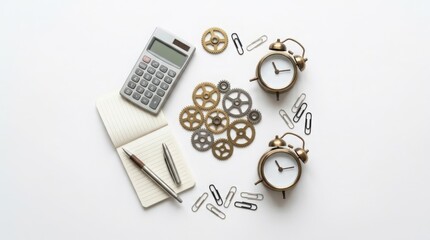 Fototapeta premium Business process optimization with gears, clocks, and office supplies, symbolizing efficiency and strategic planning.