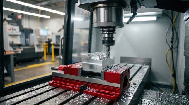 CNC milling machine cutting metal part with coolant spray in modern factory