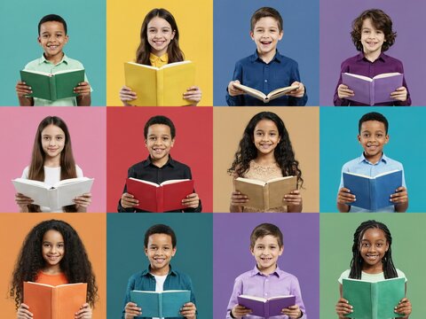 Grid of diverse children holding open books against solid color backgrounds