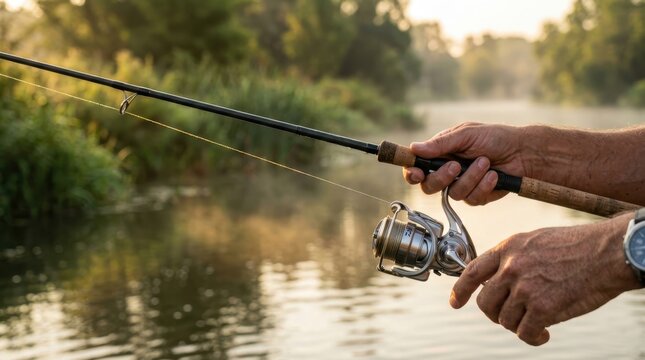 Fisherman holding a fishing rod with spinning reel by the river at sunrise