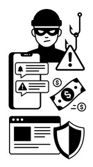 Fototapeta premium Black and white vector illustration depicting a cyber scam or online fraud concept.