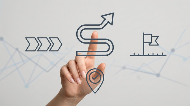 Business Strategy and Navigation Concept with Hand Touching Digital Path Interface showing Growth Progress and Goal Achievement Icons on Gray Backdrop