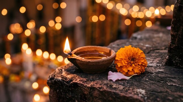 Diwali celebration with traditional clay lamp and marigold flower warm festive lighting