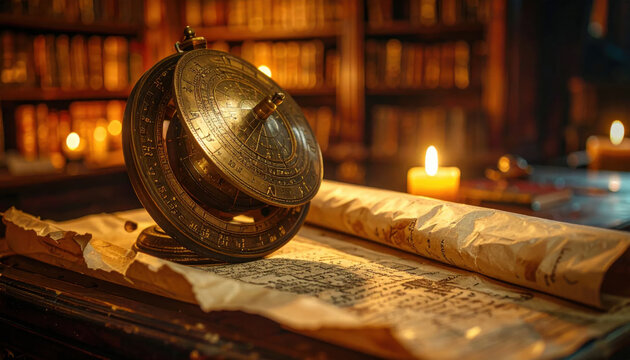 Antique Astrolabe and Scroll Illuminated by Candlelight Amidst Library Bookshelves