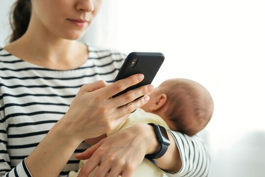 Mother holding newborn baby while using smartphone for digital communication at home