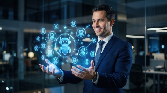 A multi-agent AI system represented by glowing robot icons floating above a professional's hands.