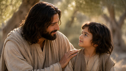 Fototapeta premium Jesus christ interacting with a young child in a serene outdoor setting, conveying themes of compassion, faith, and spiritual guidance in a historical context