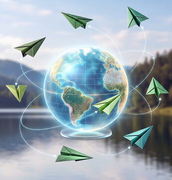 A glowing glass globe with green paper airplanes flying around world