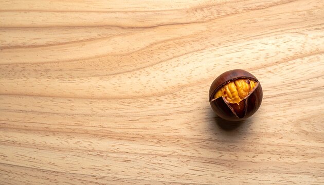 落ち着いた木目にぽつんと置かれた焼き栗の殻が秋の訪れを感じさせるミニマル背景素材