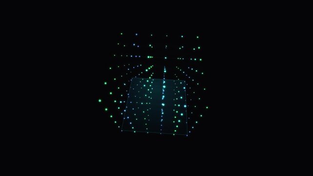 A futuristic digital cube made of glowing green dots floating in a dark cyberspace