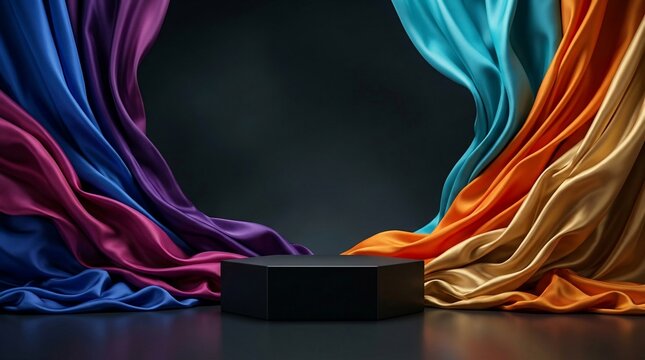 Product display stage with flowing colorful fabric drapes