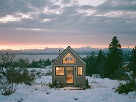 Cozy tiny house cottage standing in a snow covered winter landscape during dramatic pink sunset sky with distant mountains ideal for travel architecture winter holiday tiny living concept