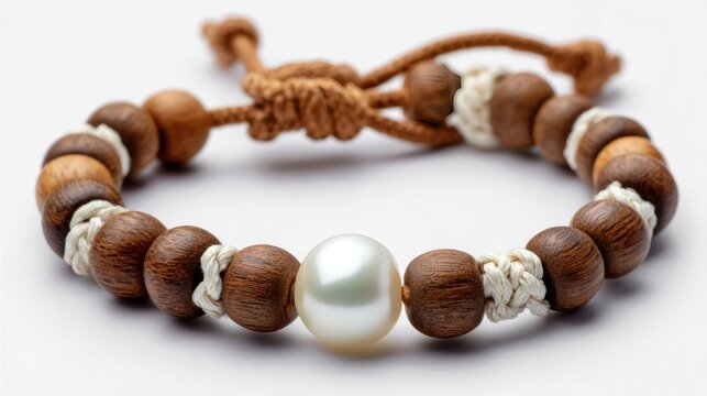 Wooden Bead Bracelet with Pearl: A handcrafted bracelet featuring natural wooden beads and a single luminous pearl, elegantly strung on a braided cord.
