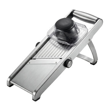 Professional stainless steel mandoline slicer with safety guard. Adjustable vegetable cutter for kitchen food preparation. Metal julienne slicer tool.