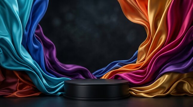 Vibrant fabric swirls frame product display podium