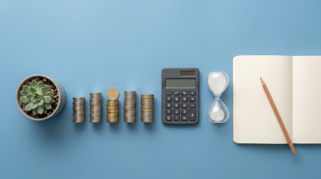 Financial discipline concept with stacks of coins, calculator, hourglass, and notebook on a blue background