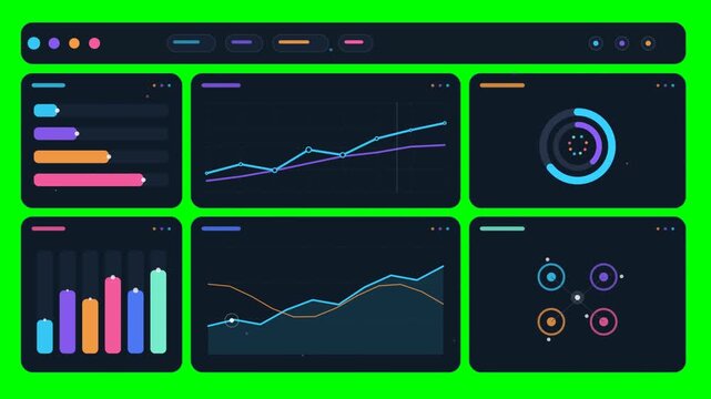 Animated analytics dashboard with charts on green screen