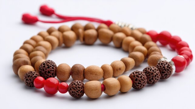 Prayer Beads: A close-up view of a spiritual strand of prayer beads, featuring a mix of wooden and seed beads with red accents, laid out in a tranquil arrangement.
