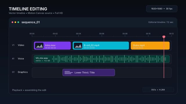 Video editing timeline interface with moving playhead