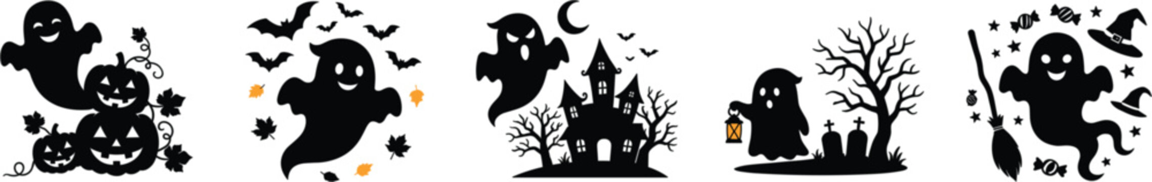 Halloween Ghost Silhouette Set with Pumpkin Broomstick Haunted House Bat and Autumn Leaf Vector Illustration Collection